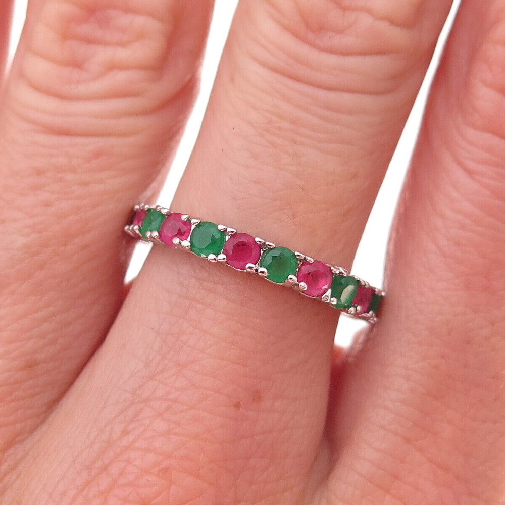 925 Sterling Silver Real Green & Pink Chalcedony Eternity Band Ring Size 7